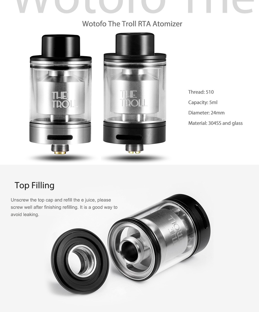 Original Wotofo The Troll RTA Atomizer with 5ml / Top Filling / Dual Coil Building for E Cigarette