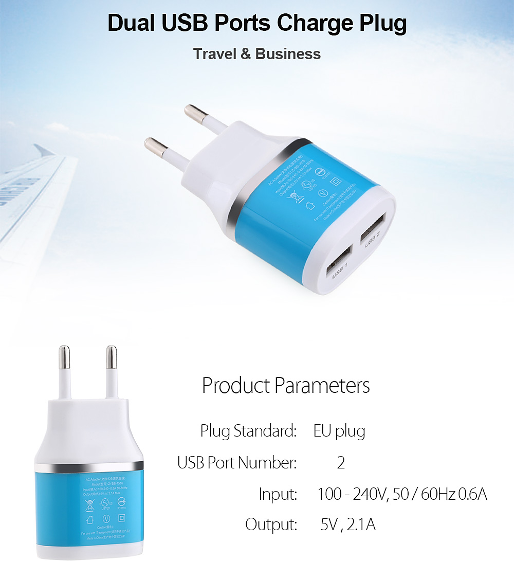 Dual USB Ports 5V 2.1A Universal Travel Charger Adapter